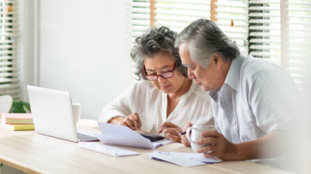 Senior couple in front of computer using calculator