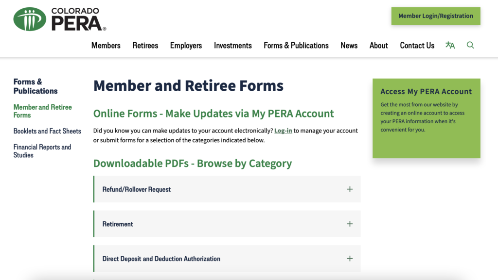 Screenshot of new Member and Retiree Forms page on copera.org
