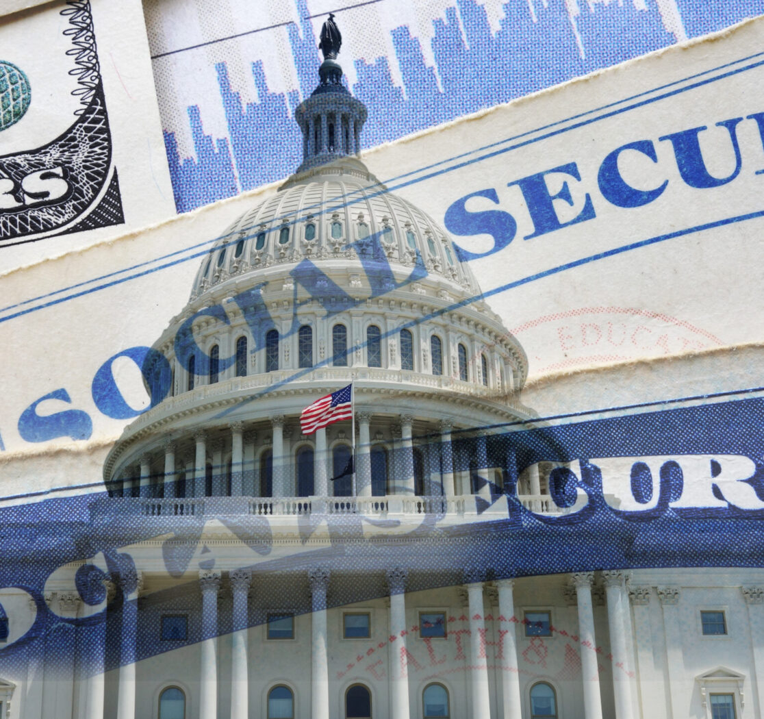United States capitol in Washington DC with a Social Security card and money