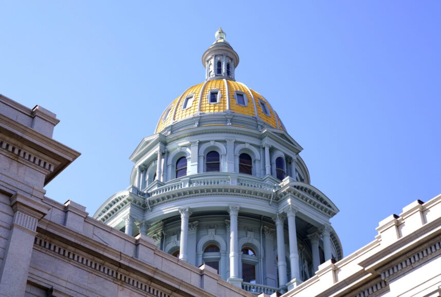 A view of the golden dome atop the Colorado State Capitol Building in Denver